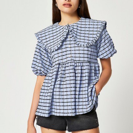 RIVER ISLAND Blue short sleeve check collar smock top / checked oversized collar tops - flipped