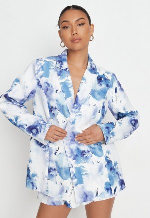 MISSGUIDED blue tailored oversized double breasted split back blazer ~ women’s on trend blazers ~ womens summer jackets ~ waterolour print jacket - flipped