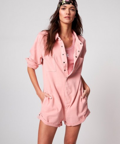 ONETEASPOON BLUSH PROPHECY JUMPSUIT | womens pink denim romper | women’s cool summer fashion | casual cutoff jumpsuits | utility style rompers - flipped