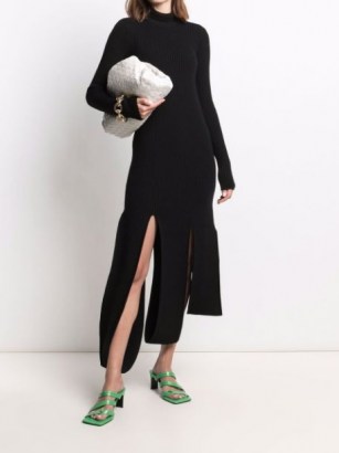 Bottega Veneta asymmetric knitted dress | black ribbed knit multi split hem dresses - flipped
