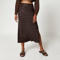 RIVER ISLAND Brown animal print side split maxi skirt ~ slit hem skirts