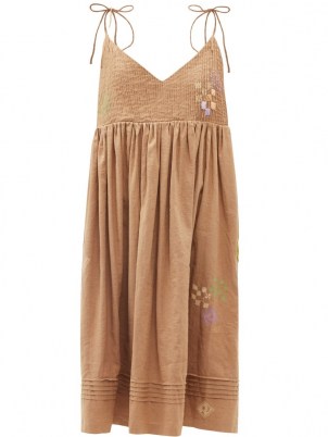 STORY MFG. Daisy embroidered organic cotton-blend maxi dress ~ womens brown summer dresses with self tie straps ~ empire line waist ~ strappy fashion - flipped