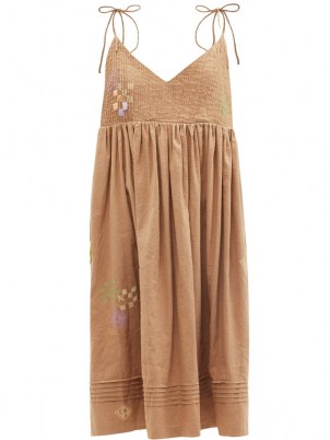 STORY MFG. Daisy embroidered organic cotton-blend maxi dress ~ womens brown summer dresses with self tie straps ~ empire line waist ~ strappy fashion