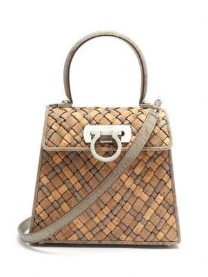 SALVATORE FERRAGAMO Earth woven-cork handbag / neutral top handle bags / womens chic handbags - flipped