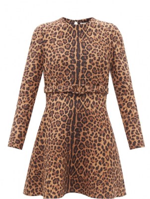VALENTINO Leopard-print wool-blend crepe minidress / belted long sleeve animal print dresses