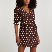 RIVER ISLAND Brown long sleeve spot frill waist mini dress ~ ruffle trim polka dot dresses