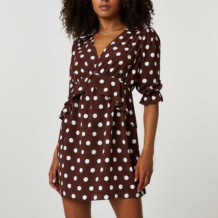 RIVER ISLAND Brown long sleeve spot frill waist mini dress ~ ruffle trim polka dot dresses - flipped