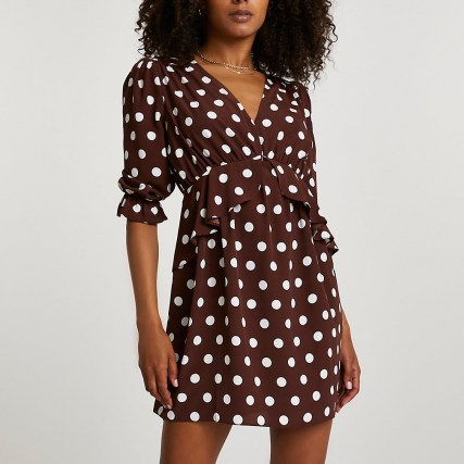 RIVER ISLAND Brown long sleeve spot frill waist mini dress ~ ruffle trim polka dot dresses