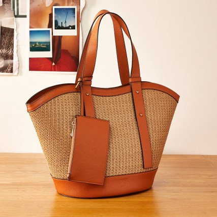 RIVER ISLAND Brown RI studio beach tote bag ~ weave detail leather bags - flipped