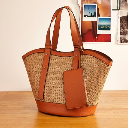 RIVER ISLAND Brown RI studio beach tote bag ~ weave detail leather bags