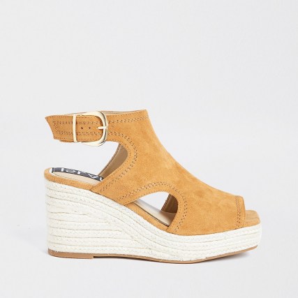 RIVER ISLAND Brown square toe wedge shoes / cut out ankle strap wedges - flipped