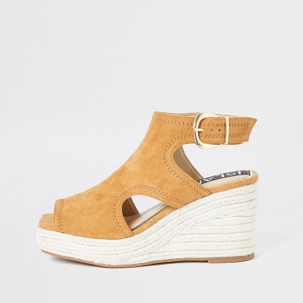 RIVER ISLAND Brown square toe wedge shoes / cut out ankle strap wedges