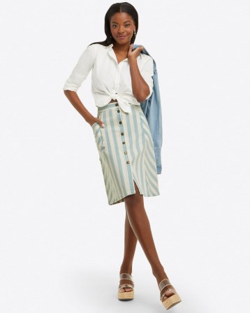 Draper James Button Front Skirt in Striped Denim | front button summer skirts
