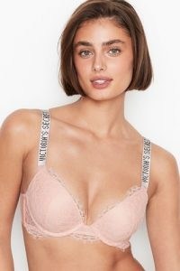 Victoria’s Secret Lace Shine Strap Push Up Bra | light pink bras with shiny logo straps