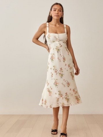 REFORMATION Camari Dress / ruched shoulder strap dresses fitted bodice / womens floral fashion - flipped