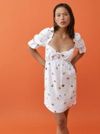 REFORMATION Channa Linen Dress in Fruit Loops / puff sleeve empire waist babydoll dresses