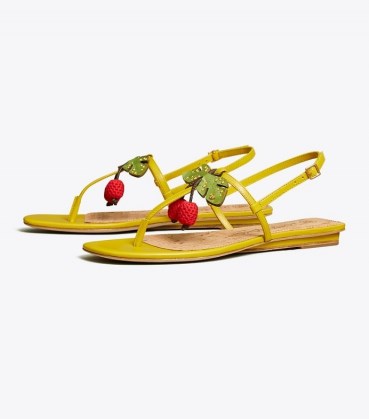 TORY BURCH CHERRY SANDAL in Pear / womens fruit embellished strappy flats / women’s summer shoes / cherries on footwear - flipped