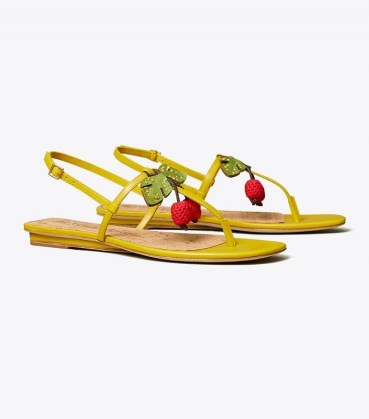 TORY BURCH CHERRY SANDAL in Pear / womens fruit embellished strappy flats / women’s summer shoes / cherries on footwear