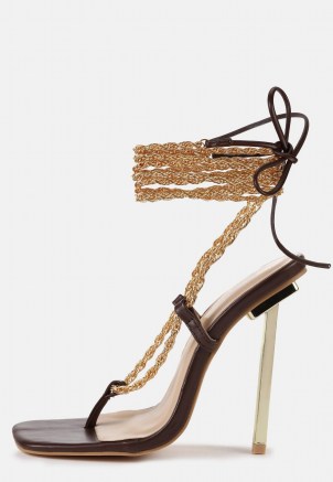 Missguided chocolate chain tie up toe post heeled sandals | strappy barely there square toe high heels | party footwear - flipped