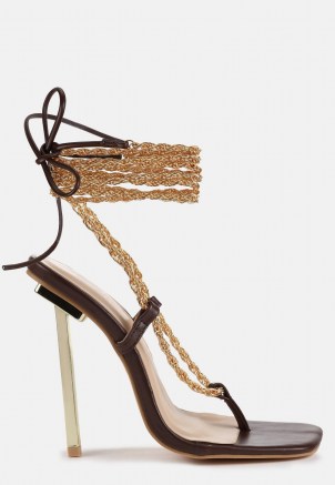 Missguided chocolate chain tie up toe post heeled sandals | strappy barely there square toe high heels | party footwear
