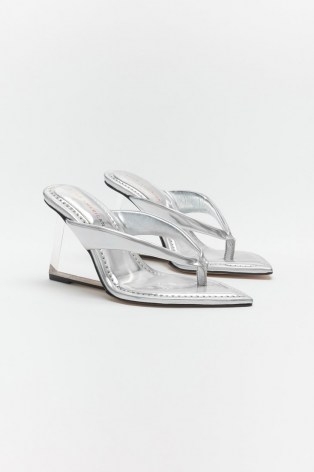 GOOD AMERICAN CINDER-F*CKING-RELLA THONG | silver thonged clear wedge heel sandals - flipped