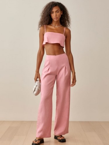 REFORMATION Cleo Linen Two Piece Carnation / womens pink strappy crop top and wide leg trouser set / summer fashion sets / women’s co ords - flipped