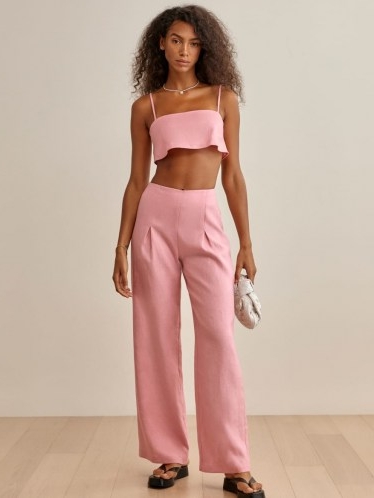 REFORMATION Cleo Linen Two Piece Carnation / womens pink strappy crop top and wide leg trouser set / summer fashion sets / women’s co ords