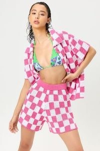 FRANKIES BIKINIS Coco Crochet Button Up Shirt Pink Checker ~ women’s beachwear ~ poolside fashion ~ beach bar cover up