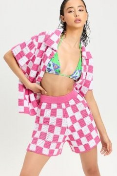 FRANKIES BIKINIS Coco Crochet Button Up Shirt Pink Checker ~ women’s beachwear ~ poolside fashion ~ beach bar cover up - flipped