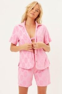 FRANKIES BIKINIS Coco Floral Terry Button Up Shirt Flowerchild ~ women’s beachwear ~ cover ups ~ pink beach bar shirts