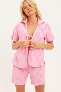 FRANKIES BIKINIS Coco Floral Terry Button Up Shirt Flowerchild ~ women’s beachwear ~ cover ups ~ pink beach bar shirts - flipped