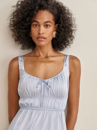 REFORMATION Colleen Dress in Horizon ~ feminine nightwear style fashion ~ blue fitted ruched bodice dresses - flipped