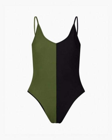 les girls les boys colour block swimsuit khaki/black ~ women’s green colourblock scoop back swimsuits - flipped