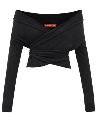 ALTUZARRA Crawley off-the-shoulder wrap sweater ~ black asymmetric bardot tops - flipped