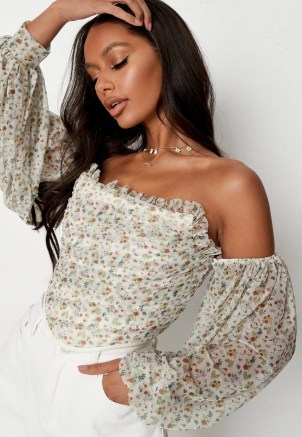 MISSGUIDED cream floral puff sleeve bust point corset top / strapless frill trim tops - flipped