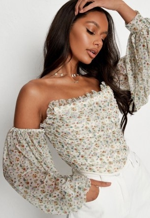 MISSGUIDED cream floral puff sleeve bust point corset top / strapless frill trim tops