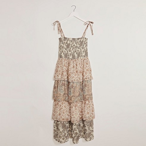 RIVER ISLAND Cream tiered midi dress / strappy mixed paisley and floral print summer dresses