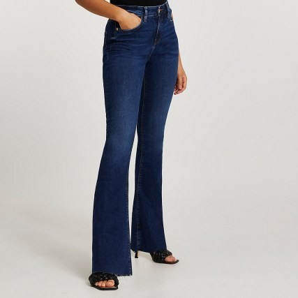 RIVER ISLAND Dark blue mid rise flare jeans | women’s denim flares