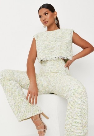 MISSGUIDED delaney childs edit lime cropped boxy shoulder pad sleeveless top ~ boxy boucle frayed hem tops ~ textured fabric ~ womens tweed style fashion - flipped