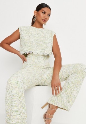 MISSGUIDED delaney childs edit lime cropped boxy shoulder pad sleeveless top ~ boxy boucle frayed hem tops ~ textured fabric ~ womens tweed style fashion