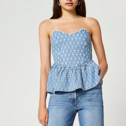 RIVER ISLAND Denim broderie corset top / strapless fitted bodice peplum tops - flipped
