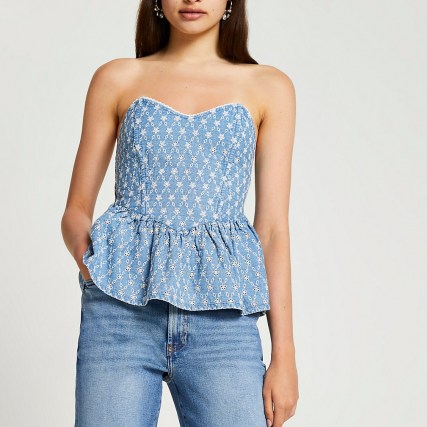 RIVER ISLAND Denim broderie corset top / strapless fitted bodice peplum tops