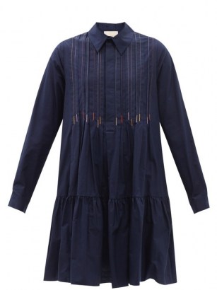 ROKSANDA Dilara navy embroidered cotton-poplin shirt dress – blue tiered relaxed fit dresses - flipped