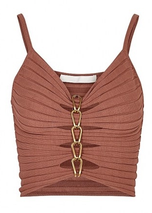 DION LEE Rose chain-embellished ribbed-knit top ~ thin strap cut out tops