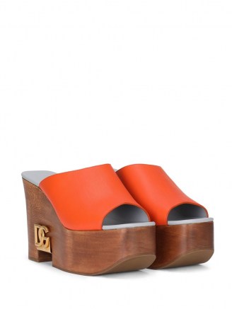 Dolce & Gabbana logo-plaque wedge sandals | chunky orange wedged mules | retro wedges