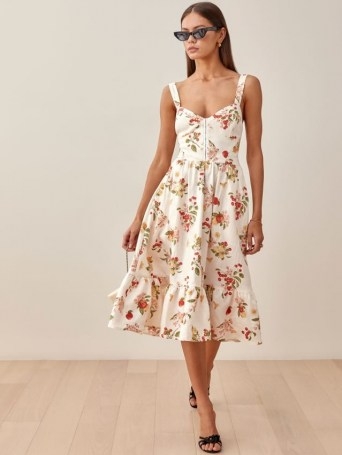 REFORMATION Dolci Linen Dress in Fruity / fruit print fashion / classic summer fit and flare dresses - flipped