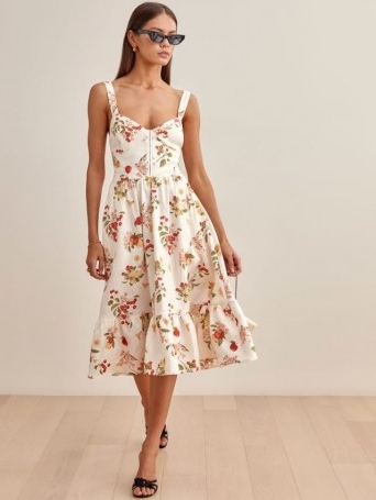 REFORMATION Dolci Linen Dress in Fruity / fruit print fashion / classic summer fit and flare dresses