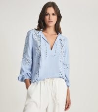 REISS DOTTIE LACE DETAIL BLOUSE BLUE ~ boho style summer blouses