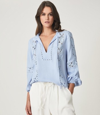 REISS DOTTIE LACE DETAIL BLOUSE BLUE ~ boho style summer blouses - flipped