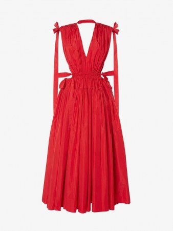 Alexander McQueen Drawstring Ribbon Tie Dress in Welsh Red | sleeveless plunge front open back designer dresses | deep V plunging necklines | womens event wear - flipped